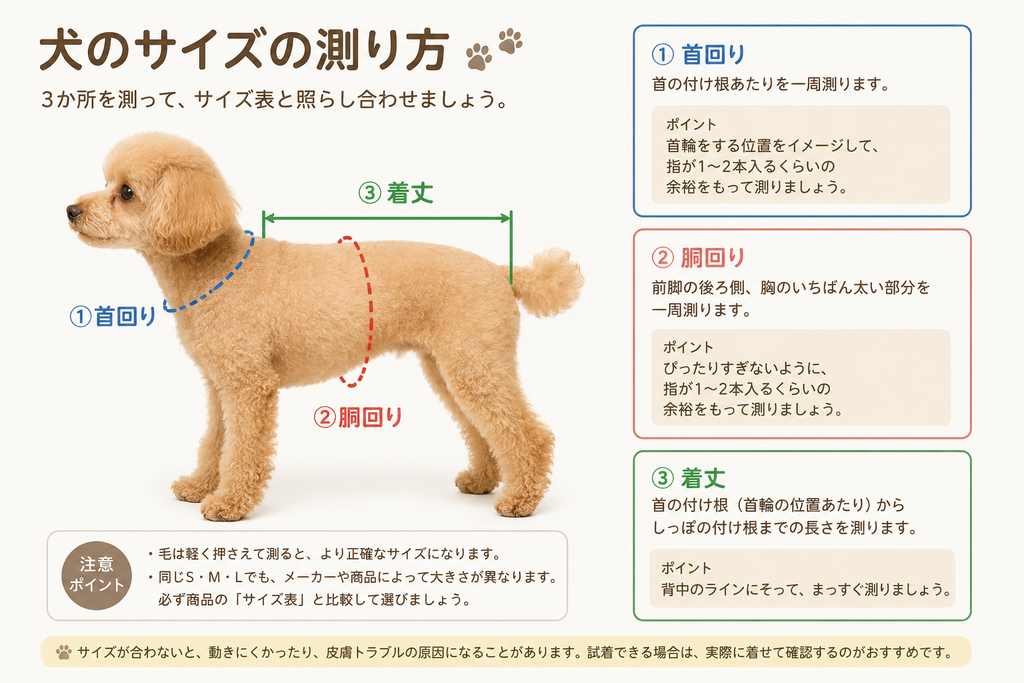 犬服を選ぶための首回り・胴回り・着丈の測り方